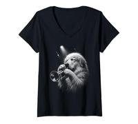 Donna Grandi Pirenei che suonano la tromba Jazz Music Dog Lover Maglietta con Collo a V