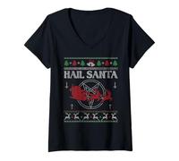 Donna Grandine Santa Metallo Solstizio Pagano Brutto Natale Pentagramma Maglietta con Collo a V