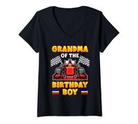 Donna Grandma Of The Birthday Boy Race Car Grandson Birthday Maglietta con Collo a V