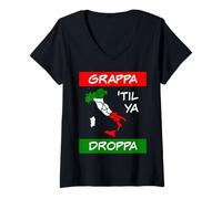 Donna Grappa TIL Ya Droppa Tricolore Italia Bandiera Mappa Umorismo Italiano Maglietta con Collo a V