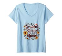 Donna Grateful and Blessed to Be Callled Mama Festa della mamma Fiori Maglietta con Collo a V
