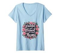 Donna Grateful and Blessed to Be Callled Mama Festa della mamma Fiori Maglietta con Collo a V