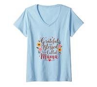 Donna Grateful and Blessed to Be Callled Mama Festa della mamma Fiori Maglietta con Collo a V
