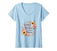 Donna Grateful and Blessed to Be Callled Mama Festa della mamma Fiori Maglietta con Collo a V