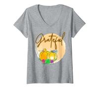 Donna Grateful Pumpkin Patch Leopard Fun Halloween Fun Maglietta con Collo a V