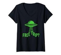 Donna Gratis Viaggio UFO Abduction Moon Day Divertente Alien Flying Saucer Maglietta con Collo a V