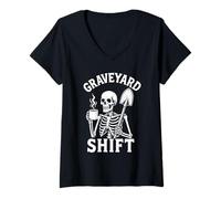 Donna Graveyard Shift Sarcastic Skeleton Funny Work Halloween Maglietta con Collo a V