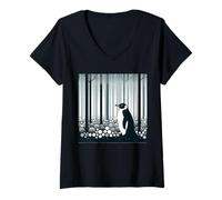 Donna Gray Dark Night Geometry Penguin Forest Circles Pattern Maglietta con Collo a V