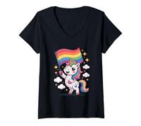 Donna Graziosa bandiera Kawaii con unicorno, arte LGBTQ Maglietta con Collo a V