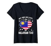 Donna Graziosa Bandiera malese con Scritta in Lingua Inglese Malaysia Maglietta con Collo a V