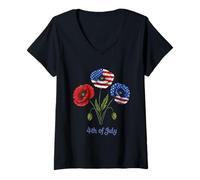 Donna Graziosa camicia da donna con fiori del 4 luglio con bandiera patriottica degli Stati Uniti Maglietta con Collo a V