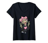 Donna Graziosa Tartaruga strizzacervelli Rosa Occhiali Segno della Pace Rettile Mamma Maglietta con Collo a V