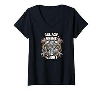 Donna Grease Grime Glory Motorcycle Engine Biker Mechanic Maglietta con Collo a V
