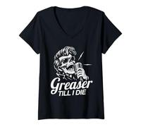 Donna Greaser Till I Die Horror Rockabilly Skeleton Alt Rock Maglietta con Collo a V