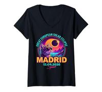 Donna Great European Solar Eclipse 2026 Madrid Spain Cat Retro Maglietta con Collo a V