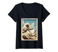 Donna Great Wave Coffee Kanagawa Ukiyo-e Caffeina Giapponese Art Maglietta con Collo a V