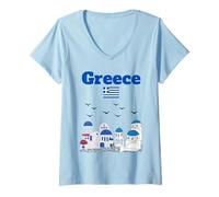 Donna Greco souvenir di viaggio architettura isola greca bandiera della Grecia Maglietta con Collo a V
