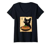 Donna Greedy Cat Pasta Spaghetti Anime Style Vintage Gatto gourmet Maglietta con Collo a V