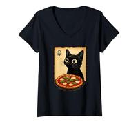 Donna Greedy Cat Pizza Margherita Gatto gourmet in stile anime vintage Maglietta con Collo a V