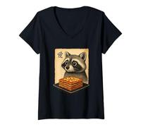 Donna Greedy Procione Lasagne Giapponese Anime Style Gourmet Racoon Maglietta con Collo a V
