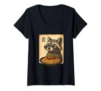 Donna Greedy Procione Pasta Giapponese Anime Style Gourmet Racoon Maglietta con Collo a V