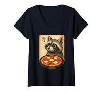 Donna Greedy Procione Pizza Giapponese Anime Style Gourmet Racoon Maglietta con Collo a V