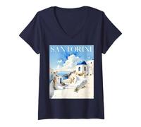 Donna Greek Island Memorabilia Splendida Santorini Acquerello Art Maglietta con Collo a V