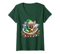 Donna Green French Bulldog Puppy Must Haves Christmas Frenchie Maglietta con Collo a V