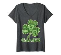 Donna Green Gamer Shamrock Videogiochi Patricks Day Gioco di Gioco Maglietta con Collo a V