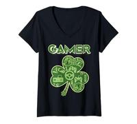 Donna Green Gamer Shamrock Videogiochi Patricks Day Gioco di Gioco Maglietta con Collo a V