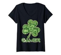 Donna Green Gamer Shamrock Videogiochi Patricks Day Gioco di Gioco Maglietta con Collo a V