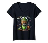 Donna Green Matcha Latte Cup for Fall & Halloween Mom Witch Coffee Maglietta con Collo a V