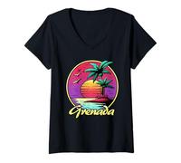 Donna Grenada. 80s Palm Sunset. Tropical Beach Summer. Maglietta con Collo a V
