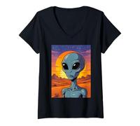 Donna Grigio Alieno UFO Tramonto - Visitatori dalle Stelle Vintage Maglietta con Collo a V