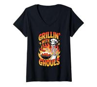 Donna Grillin´with Ghouls Funny BBQ Skeletons Halloween Maglietta con Collo a V