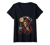 Donna Grim Reaper caffè Gotico Halloween Luna Falce Uomini Maglietta con Collo a V