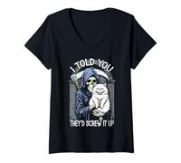 Donna Grim Reaper Cat Humans Screw It Up Sarcastico Gatti Halloween Maglietta con Collo a V