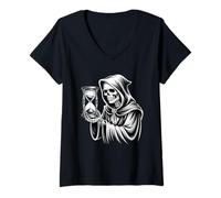 Donna Grim Reaper Clessidra Gotico Morte Illustrazione Maglietta con Collo a V