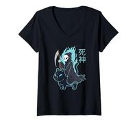Donna Grim Reaper Creepy Carino Gatto Nero Pastello Goth Kawaii Anime Maglietta con Collo a V