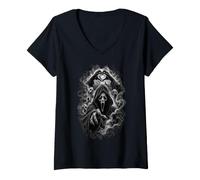 Donna Grim Reaper Fantasma Horror Gotico di Halloween infestato Maglietta con Collo a V