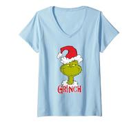 Donna Grinch - Il Sorriso dei Grinchmas Maglietta con Collo a V, Celeste, L