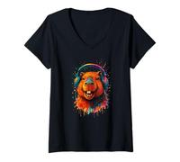 Donna Grinsend Capybara Dripping Spruzzing Music Festival Outfit Maglietta con Collo a V