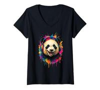 Donna Grinsend Panda Dripping Spruzzing Music Festival Outfit Maglietta con Collo a V