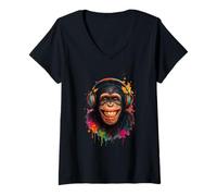 Donna Grinsend Scimpanzé Dripping Spruzzing Music Outfit Scimmia Maglietta con Collo a V