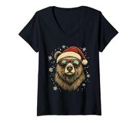 Donna Grizzly Bear Cappello di Babbo Natale Divertente Carino Amante degli Animali Natale Maglietta con Collo a V