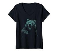 Donna Grizzly Bear Hike Camp Orso Bruno Arrabbiato Vintage Maglietta con Collo a V