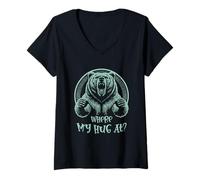 Donna Grizzly Bear s Where My Hug at? s Woodcut Style Maglietta con Collo a V