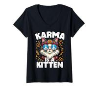 Donna Groovy Hippie Cat Design Peace Psychedelic Maglietta con Collo a V