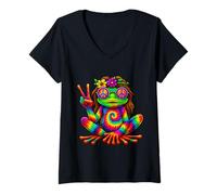Donna Groovy Hippie Frog Che Mostra Il Segno di Pace - 70s Maglietta con Collo a V