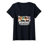 Donna Groovy Insegnante di Inglese Grammatica Letteratura Scuola di Lettura Maglietta con Collo a V